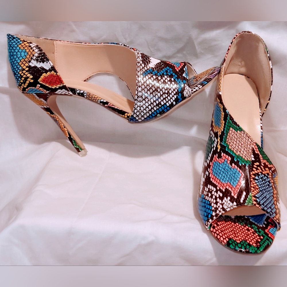 Faux Snakeskin Open Toe Stilettos~Rainbow~Women's Size 40EU - 9.5M